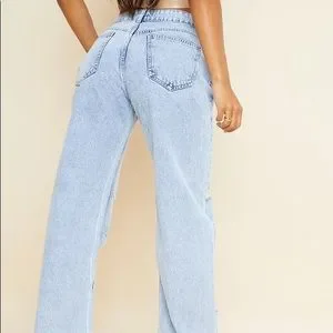 PLT Light Blue Acid Wash Baggy Ripped Low Rise Boyfriend Jeans